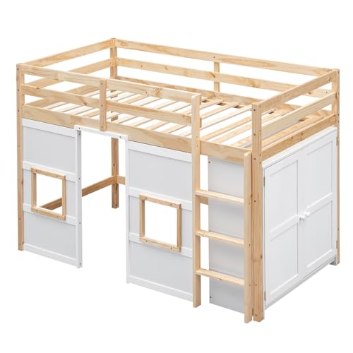 Full Size Loft Bed with L-Shaped Desk, Wardrobe and Storage Shelves, Solid Wood Bedframe w/Safety Guardrails & Ladder for Kids Teens Adults