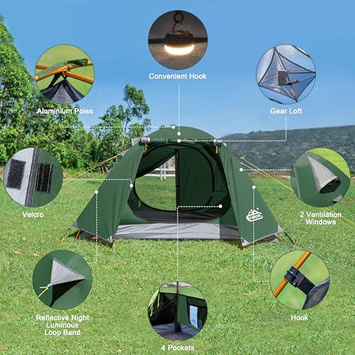 2-3 Person Tent Backpacking Tent, Waterproof Windproof 4 Season Tent for Camping, Easy Setup Two Person Tent for Backpacking, Hiking, Hunting
