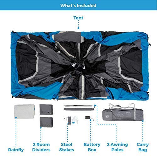CORE Instant Cabin Tents with LED Lights | 6 Person / 9 Person / 12 Person Family Multi Room Lighted Pop Up Tents for Camping | Included Storage