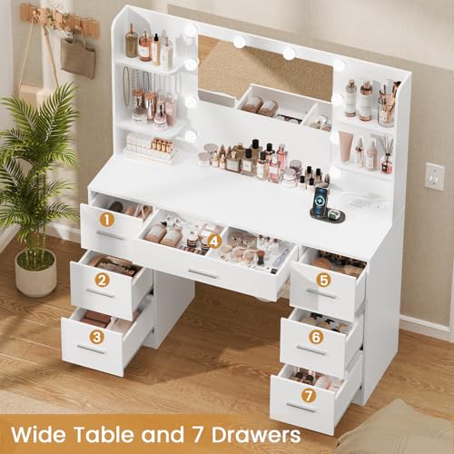 Quimoo Large Vanity Desk with LED Lighted Mirror & Power Outlet,Makeup Vanity Table with 7 Drawers,4 Shelves and 5 Hooks,Vanity Table