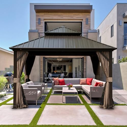 Domi 10' x 10' Hardtop Gazebo Outdoor Metal Gazebo with Galvanized Steel Double Roof Canopy, Curtains and Netting for Patio, Backyard, Deck