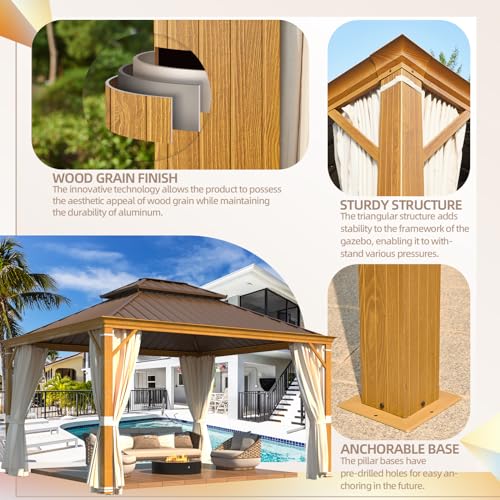 YOLENY 10' x 12' Hardtop Gazebo, Metal Gazebo with Aluminum Frame, Double Galvanized Steel Roof, Curtains and Netting Included