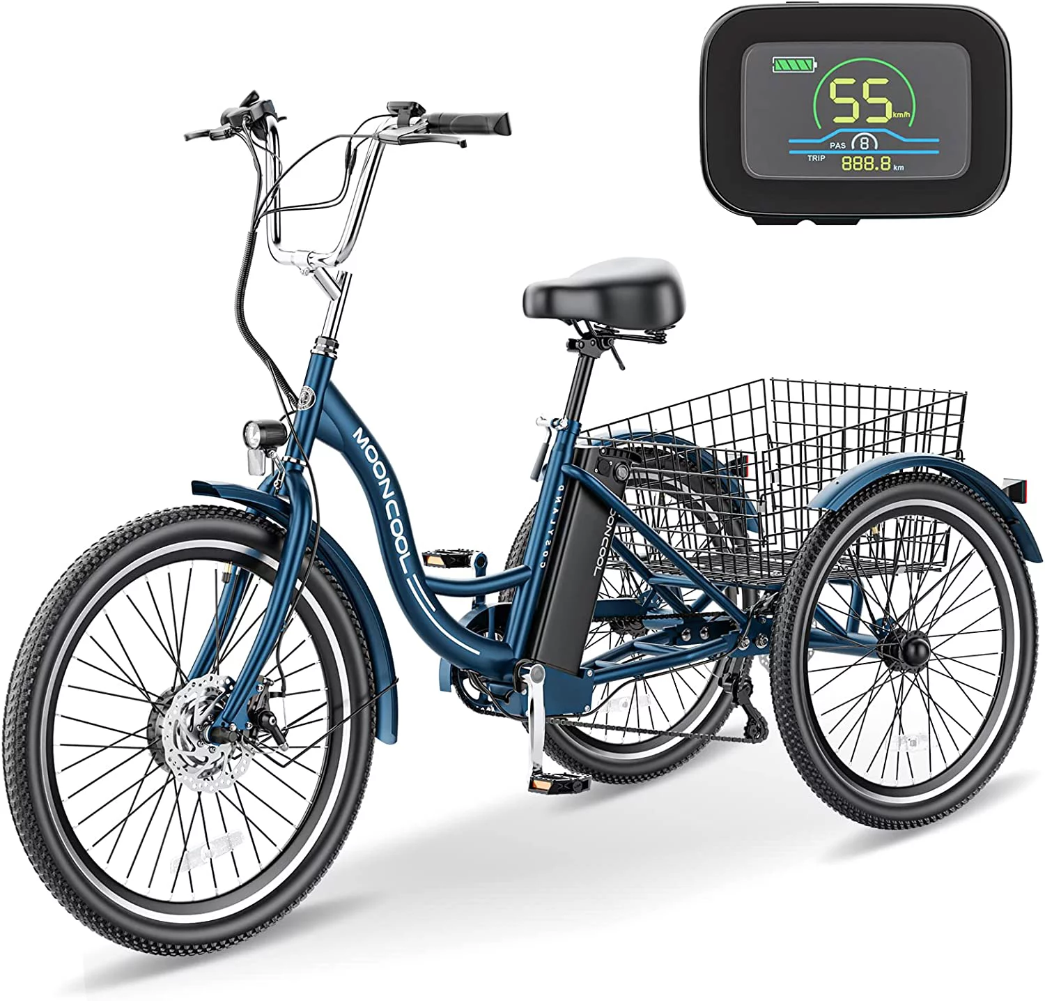 MOONCOOL 350W Motorized Electric Trike, 7 Speed 3 Wheel Electric Bicycle with 36V 14.5Ah Lithium Battery UL Certified