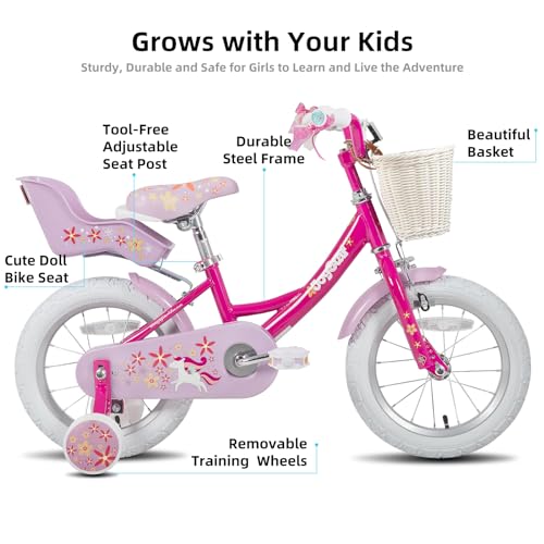 JOYSTAR Unicorn Kids Bike for Girls Ages 2-9 Years Old, 12 14 16 18 Inch Kids Bike with Training Wheels, Doll Seat, Streamers and Basket