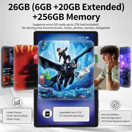 2025 Tablet, Android 14 Tablets 10 inch with Keyboard, 26GB RAM+256GB ROM(2TB Expand), 2-in-1 Tablets with 8-Core, 8000mAh, 5G WiFi, Widevine L1, GMS
