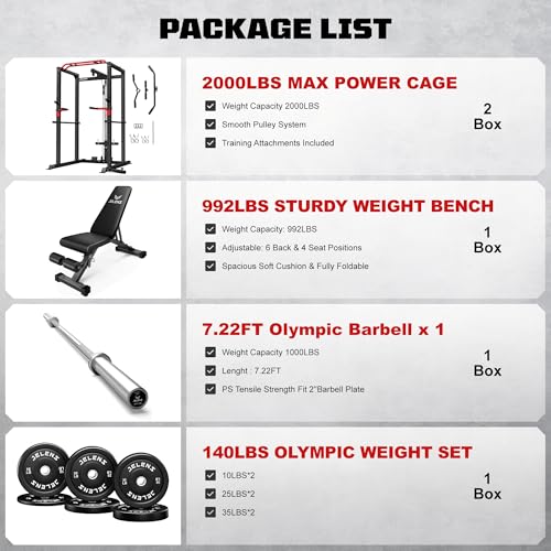 Power Cage, 2000LBS Multi-Function S11 Power Rack with LAT Pulldown, Squat Rack with Adjustable Pulley System and More Training Attachments