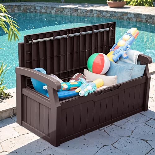 Greesum 80 Gallon Outdoor Storage Bench, Resin Patio Furniture with Armrest,Waterproof and UV-Resistant, Perfect to Garden, Poolside and Lawn