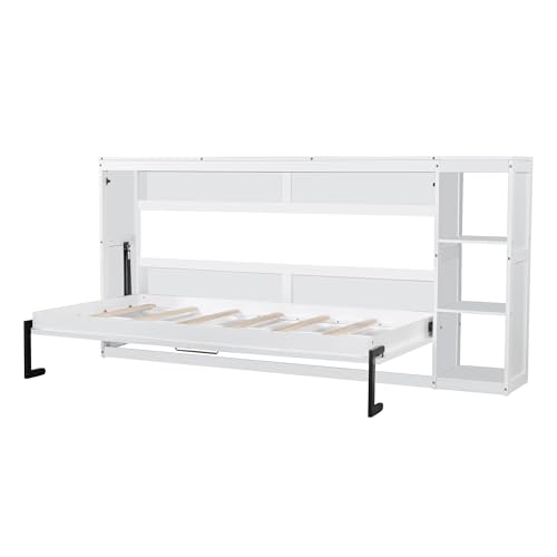 Queen Size Farmhouse Murphy Bed Cabinet with Charging Station, Foldable Platform Bed Frame with 2 Storage Drawers