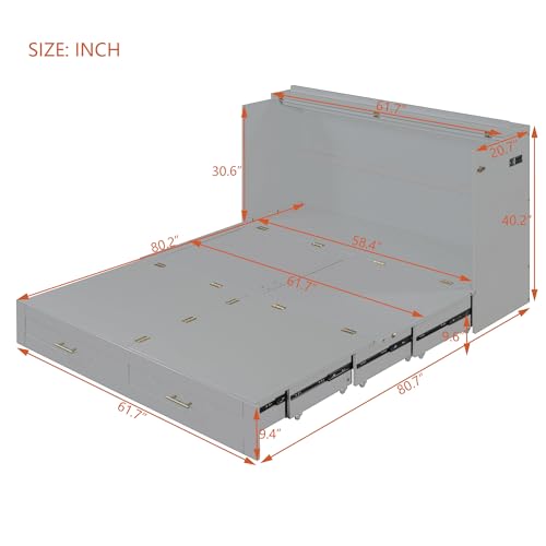 Harper & Bright Designs Queen Size Murphy Wall Bed, Chest Cube Cabinet With USB, Charging Station and Large Storage Drawer for Home Office