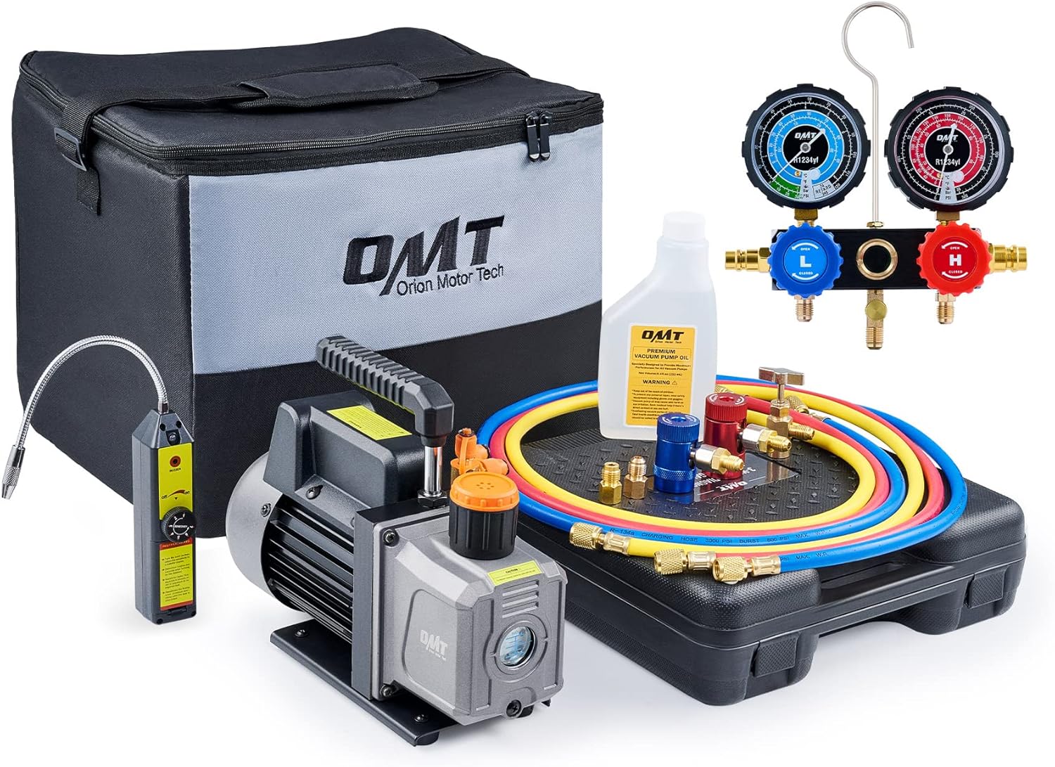 Orion Motor Tech R1234yf AC Gauges and Vacuum Pump, with Leak Detector 5FT Hoses R1234yf can tap R1234yf Quick Couplers