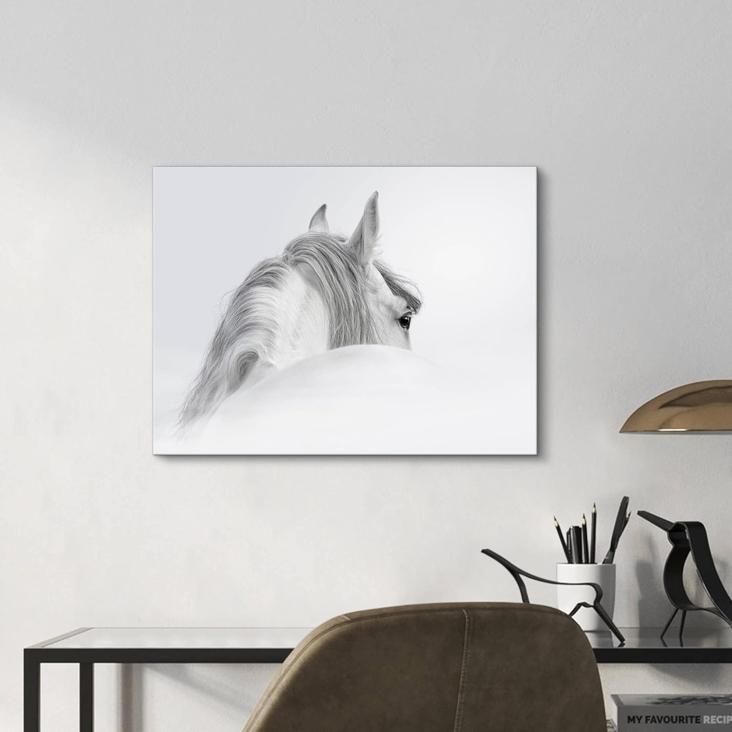 Bedroom Horse Canvas Wall Art: White Pony Picture Equestrian Print Large Modern Animal Portrait Artwork Contemporary Wildlife Painting for Bathroom