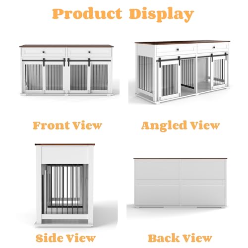 63'' Double Dog Crate Furniture for 2 Dogs, XXL Wooden 2 Dog Kennel, Wooden Dog Kennel with 2 Drawers,Divider and Sliding Door