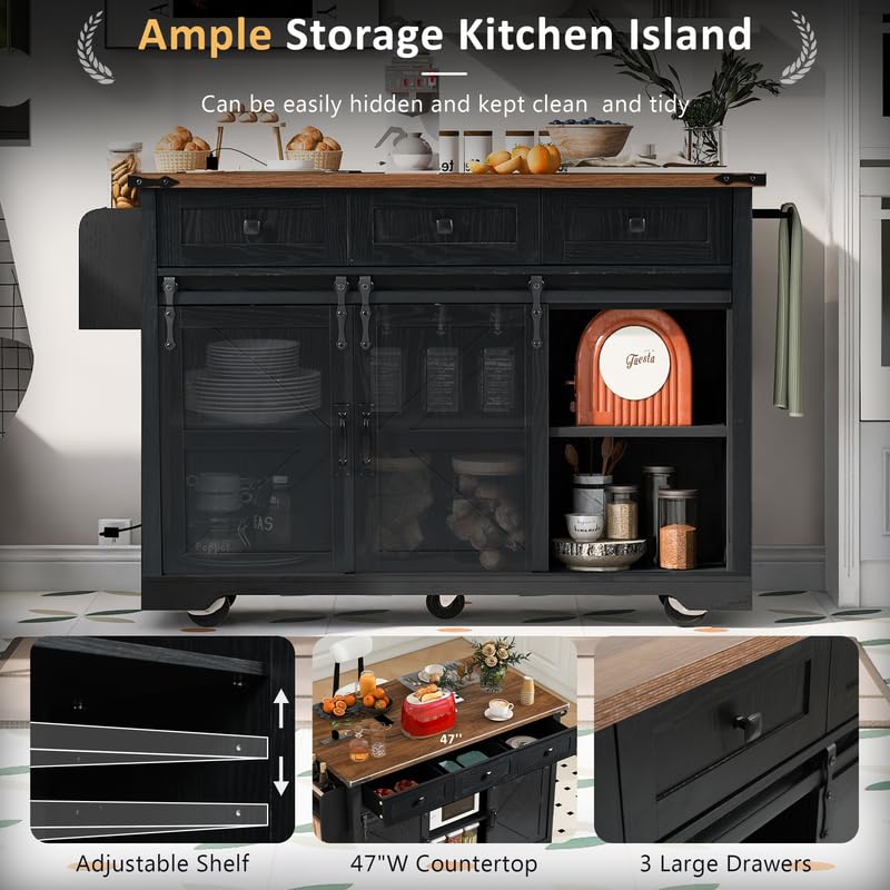 53.7" Farmhouse Kitchen Island with Power Outlet, 2 Sliding Barn Door Kitchen Storage Island with Drop Leaf