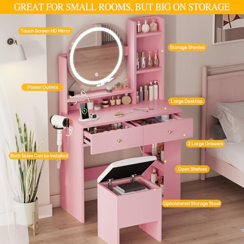 DWVO Vanity Desk with Mirror and Lights, Makeup Vanity Table Set with Power Outlets and Chair, 3 Lighting Colors