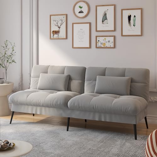 COMHOMA Convertible Futon Sofa Bed, 68″Fabric Futon Couch with Adjustable Backrest, Folding Futon Sleeper Recliner for Living Room Furniture (Black)