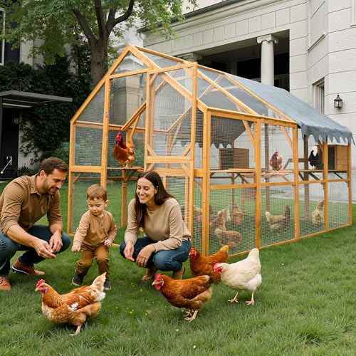 Large 110-Inch Wooden Chicken Coop & Run with Waterproof Cover - Heavy-Duty Predator-Proof Poultry House for 10-12 Chickens, Ducks