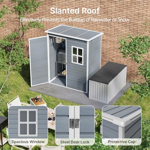 Gizoon 6x4 FT Outdoor Storage Shed with Floor, Resin Garden Tool Shed with Lockable Doors, Window, Vents, Reinforced Steel Frame