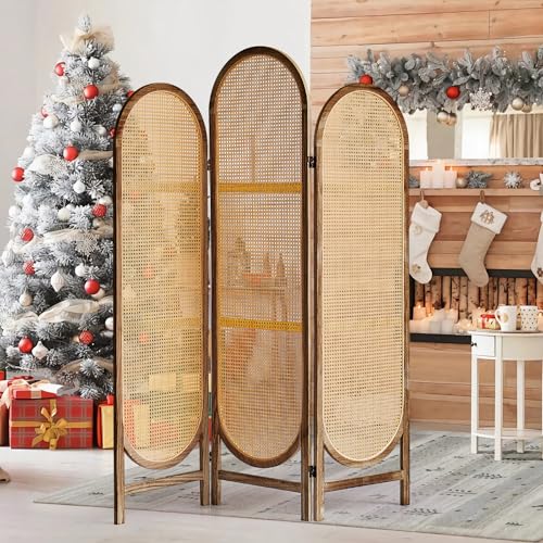 5.9 Ft Tall Hand-Woven Rattan Room Divider 3 Panels, Wood Room Divider Panel, Folding Screen Divider Wall, Wall Divider for Room Separation