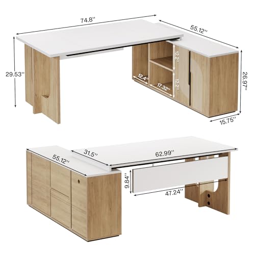 Tribesigns 74.8" Executive Desk, Large Office Desk with Cabinet, L Shaped Computer Desk with Shelves and CPU Storage