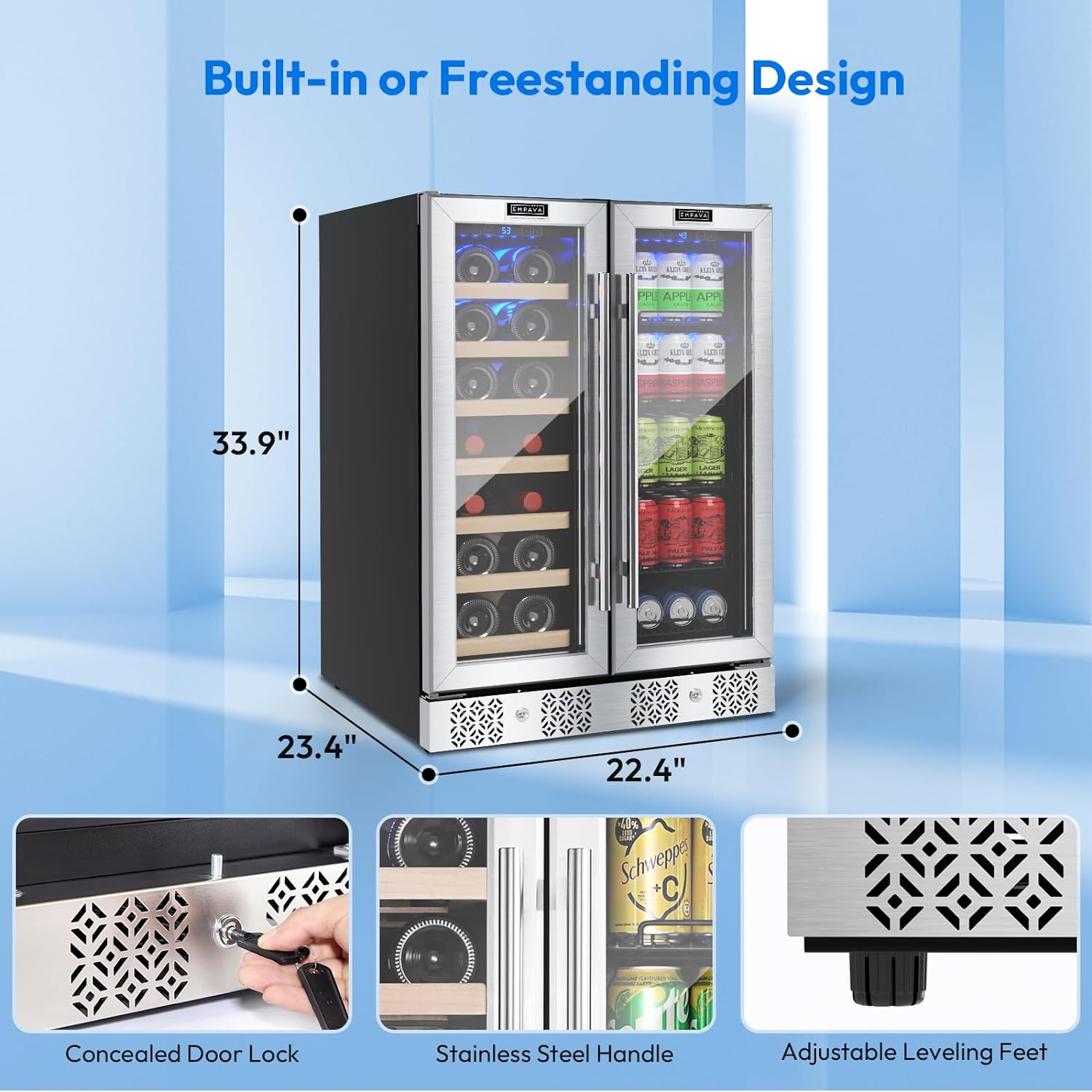 Empava Wine and Beverage Refrigerator Cooler Dual Zone 24 inch, Built-in Counter or Freestanding Fridge with Glass Door and LED Light