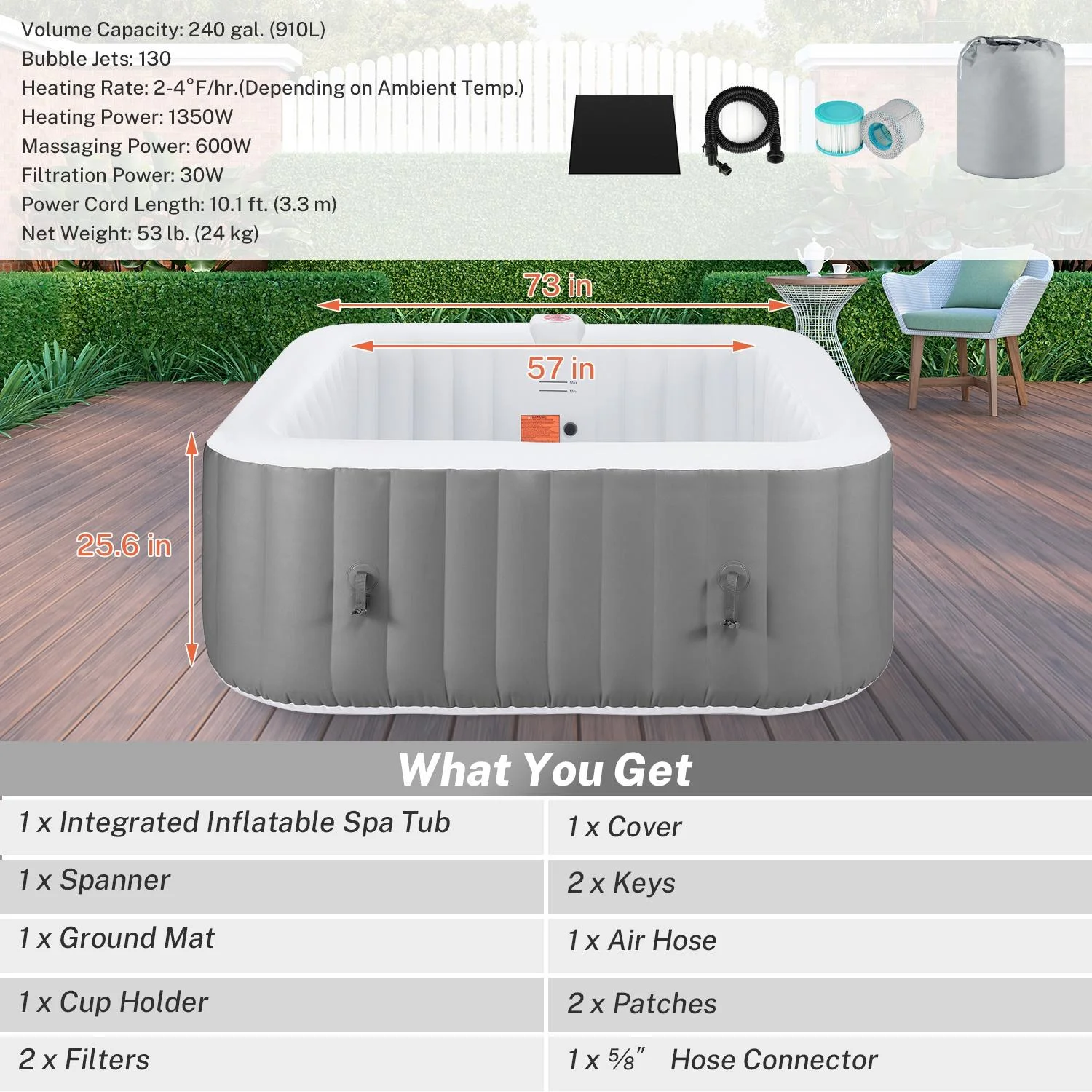 Upgraded Inflatable Hot Tub, Seizeen 6 Person Hot Tub with Hidden Pump, Portable Spa Tub Outdoor Indoor Use w/130pcs Jet, Lockable Cover, Storage Bag