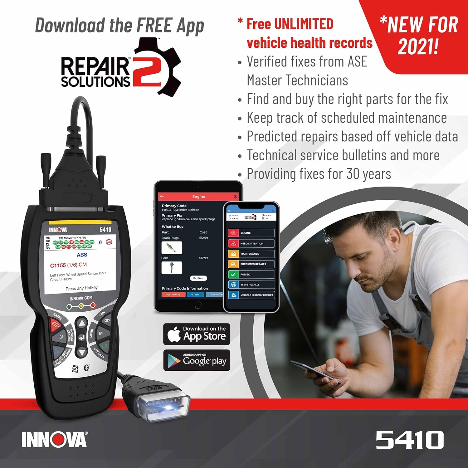 INNOVA 5410 - Newest 2022 OBD2 Diagnostic Code Scanner - Battery Reset, Initialize and Read Hybrid Battery Voltage, Read/Erase ABS/SRS Codes