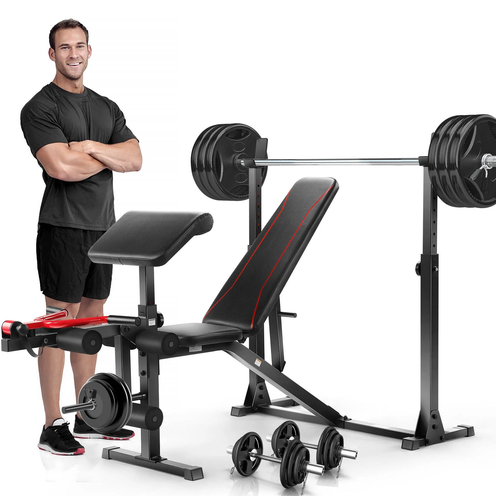 VIBESPARK Adjustable Weight Bench 900LBS Olympic Weight Bench Set with Barbell Rack, Preacher Curl