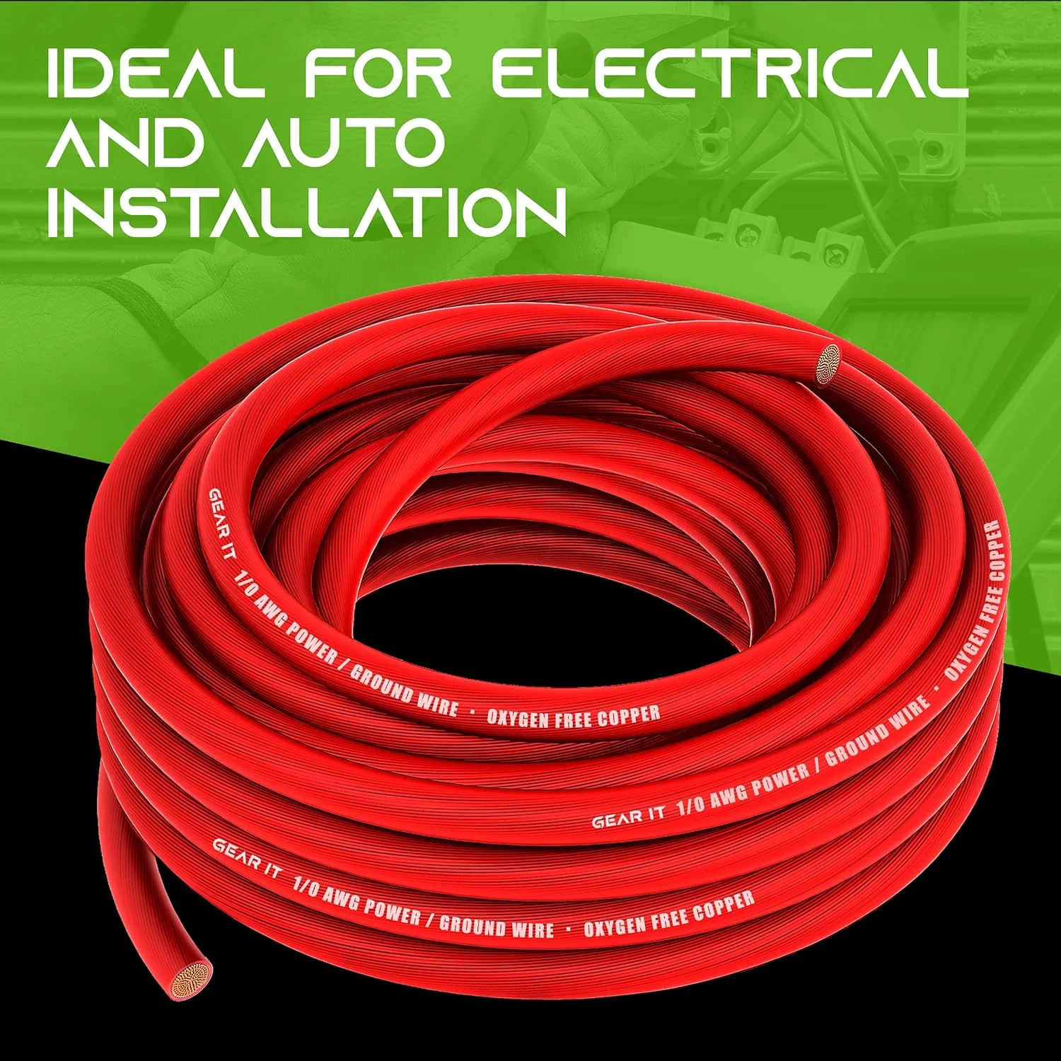GearIT 1/0 Gauge Wire Oxygen Free Copper OFC (25ft - Red Translucent) 0 AWG - Primary Automotive Wire Power/Ground, Battery Cable, Car Audio Speaker