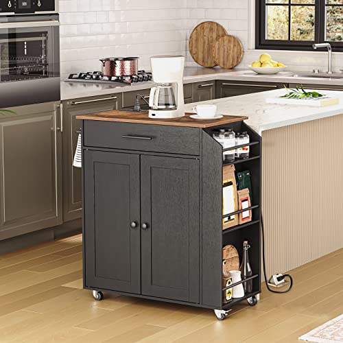 HOOBRO Kitchen Island with Power Outlet, Kitchen Storage Island with Spice Rack and Drawer, Rolling Kitchen on Wheels, for Home, Dining Room