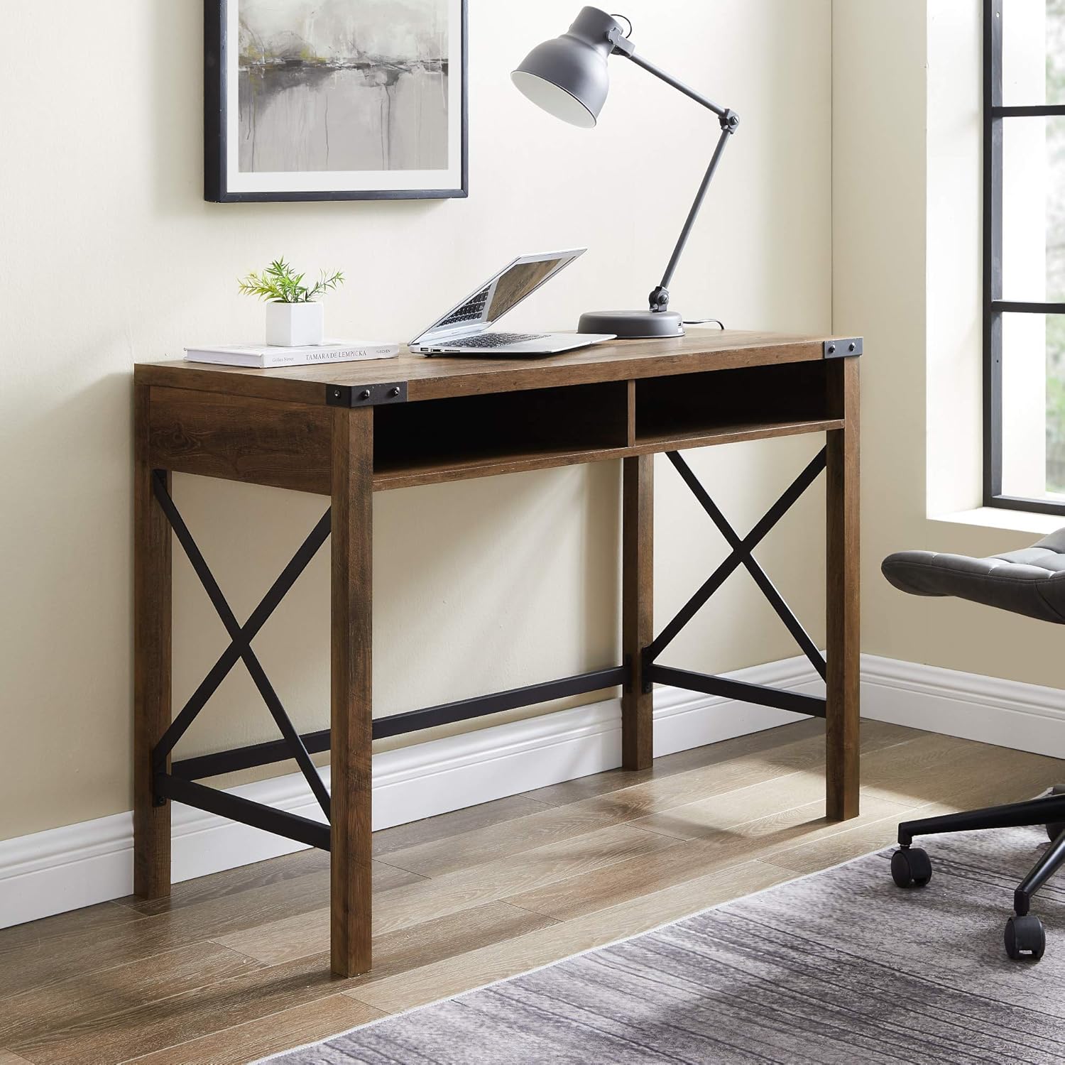 Walker Edison Callum Modern Farmhouse Metal X Writing Desk, 42 Inch, Grey Wash