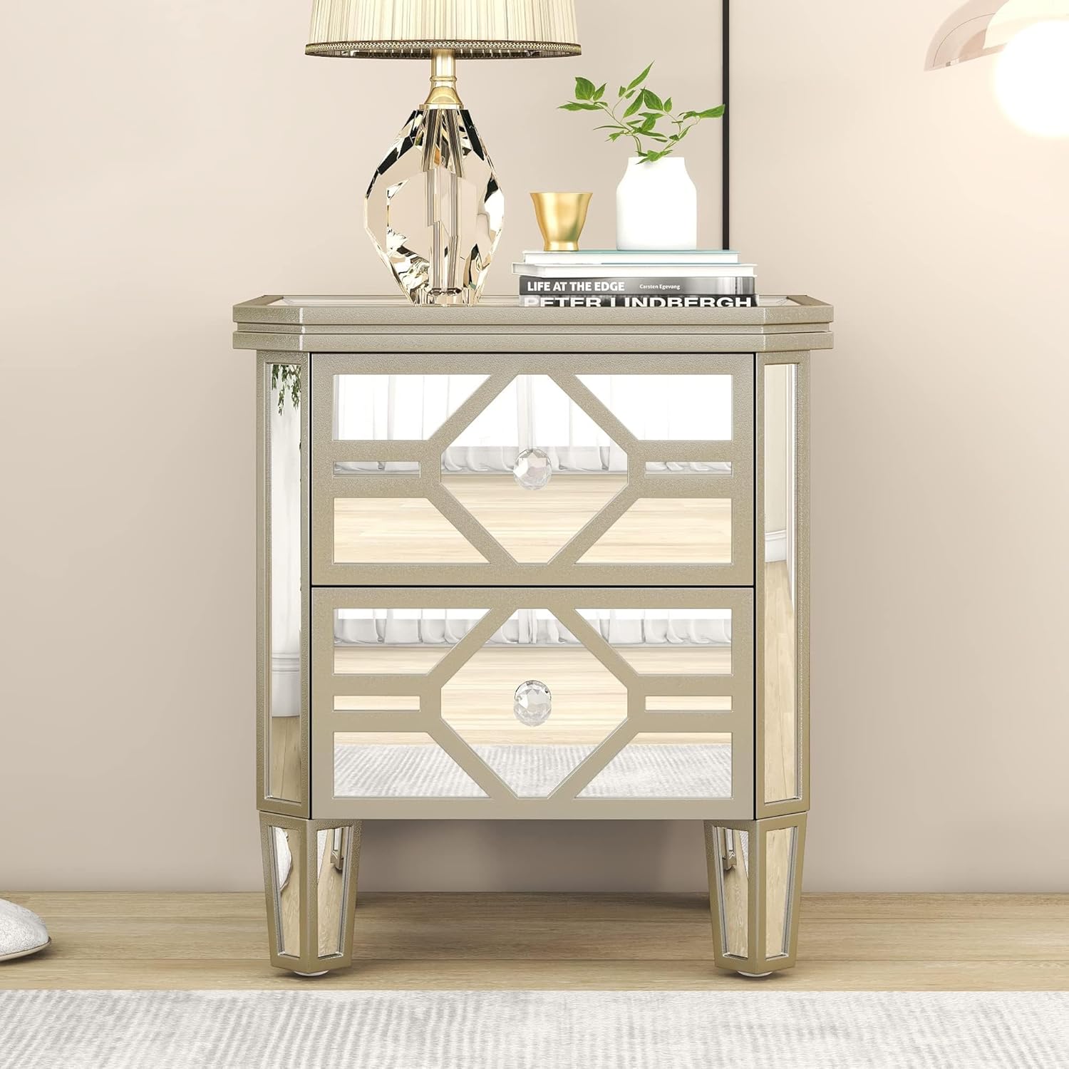 Harper & Bright Designs Mirrored 2-Drawer Nightstand End Table with Golden Lines, Side Table with Storage for Living Room,Bedroom(Silver)