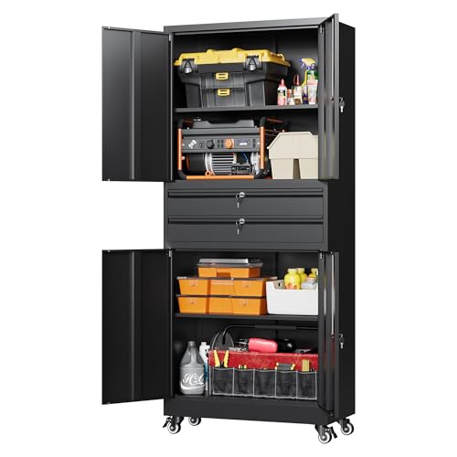 Letaya Metal Garage Storage Cabinet with Drawer,4 Door Tool Cabinet with Lock-2 Adjustable Shelves for Garage Home Office Utility Room (Black)