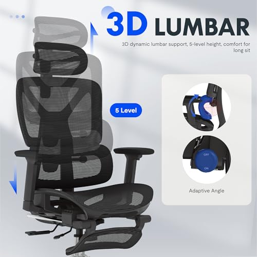 FLEXISPOT ErgoX Premium Ergonomic Office Chair with Footrest- Adjustable 3D Armrests, Dynamic Lumbar Support, Recline & Tilt Function, Mesh Seat