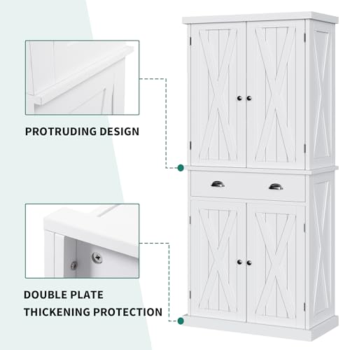 YITAHOME 72'' Tall Kitchen Pantry Cabinets, Farmhouse Storage Cabinets with Barn Doors, Drawer ＆ Adjustable Shelves