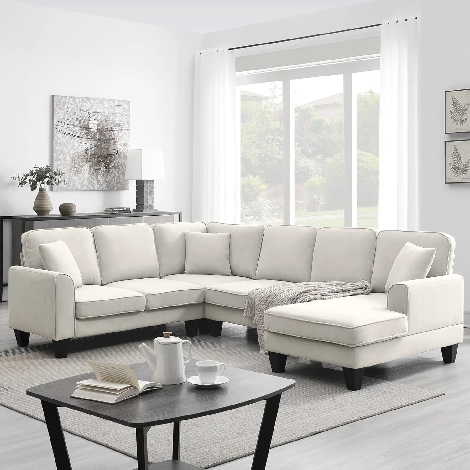 U Shape Sectional Sofa,7-Seat Fabric Sectional Sofa Set With 3 Pillows,Fabric Corner Couch With Backrest And Armrest For Living Room, Apartment