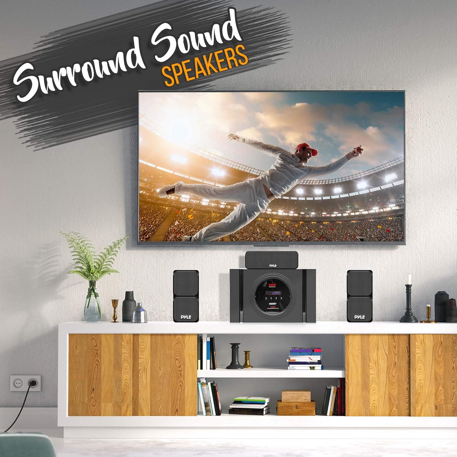 Pyle 5.1 Channel Home Theater Speaker System - 300W Bluetooth Surround Sound Audio Stereo Power Receiver Box Set w/ Built-in Subwoofer, 5 Speakers