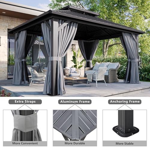 Aoxun 10' X 12' Hardtop Gazebo, Aluminum Metal Outdoor Gazebo with Galvanized Steel Double Roof