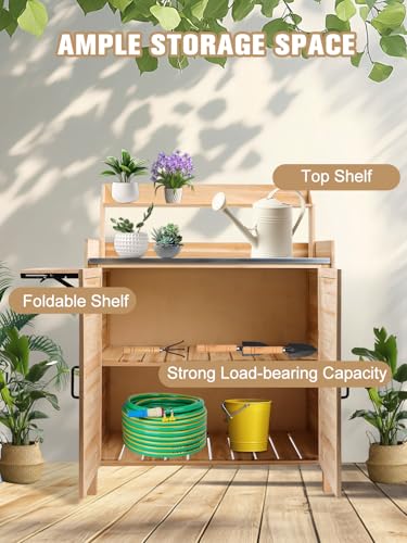 Kalolary Potting Bench for Outside Garden Potting Table with Storage Cabinet Foldable Shelf Multipurpose Garden Workstation Wooden Outdoor Potting
