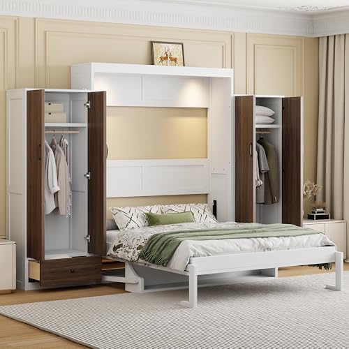 Queen Size Farmhouse Murphy Bed Cabinet with Charging Station, Foldable Platform Bed Frame with 2 Storage Drawers