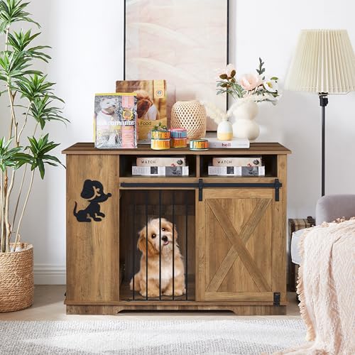 Aoowow Large Double Dog Crate Furniture 72.4" Indoor Dog Kennel with Sliding Barn Door and Divider