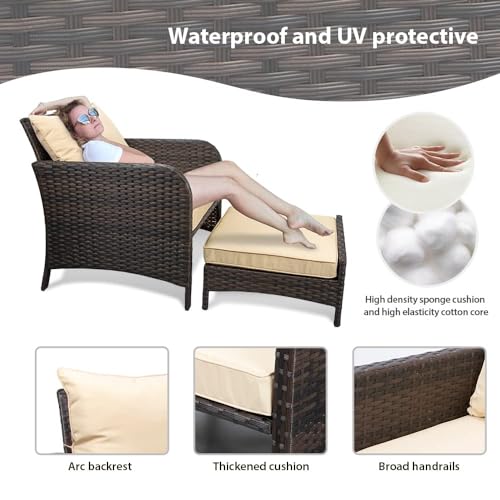 LEVELEVE Balcony Furniture 5 Piece Patio Conversation Set, PE Wicker Rattan Outdoor Lounge Chairs with Soft Cushions 2 Ottoman&Glass Table for Porch