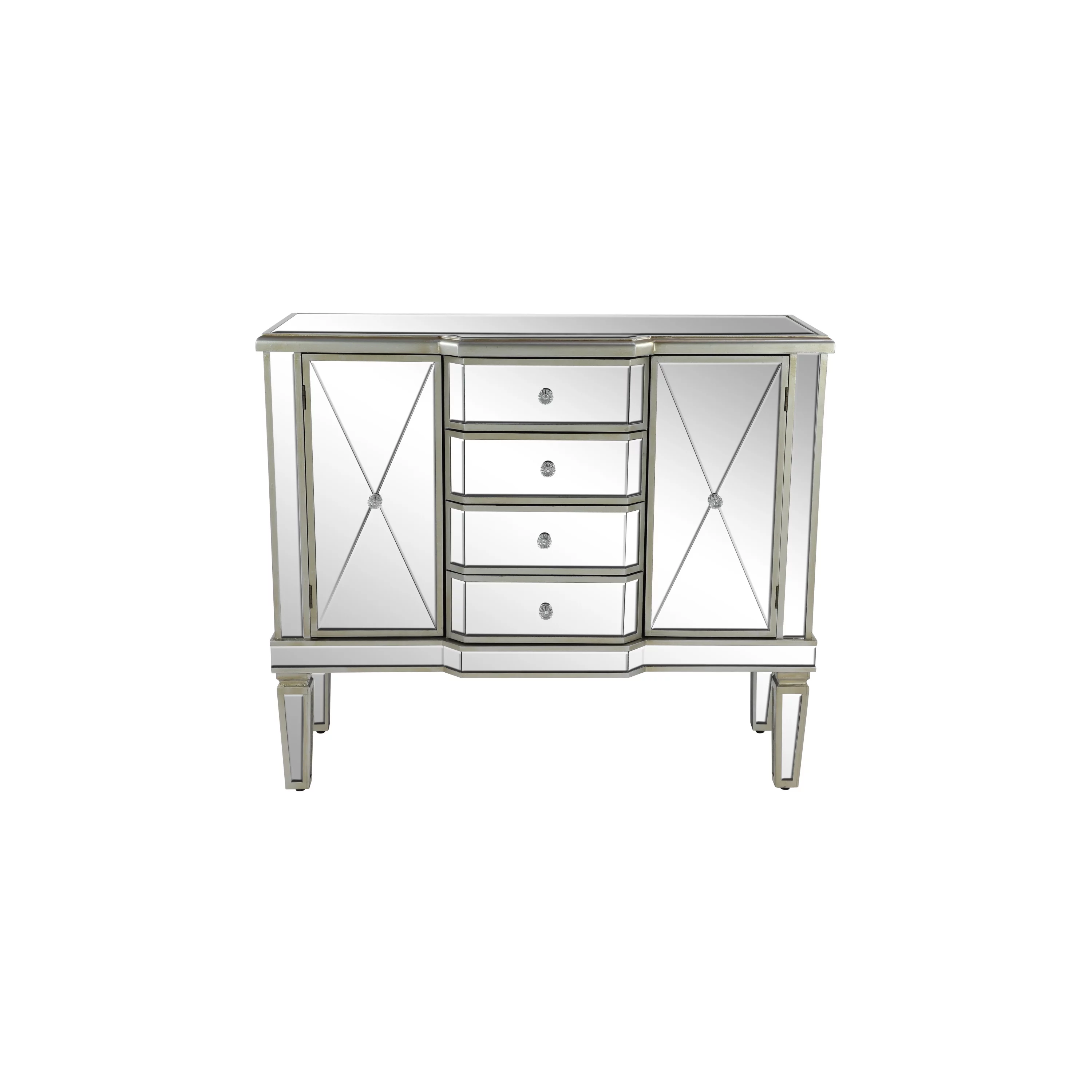 DecMode 39" x 34" Silver Wood Mirrored Panel 4 Drawers 2 Shelves and 2 Doors Buffet with Acrylic Knob Handles, 1-Piece