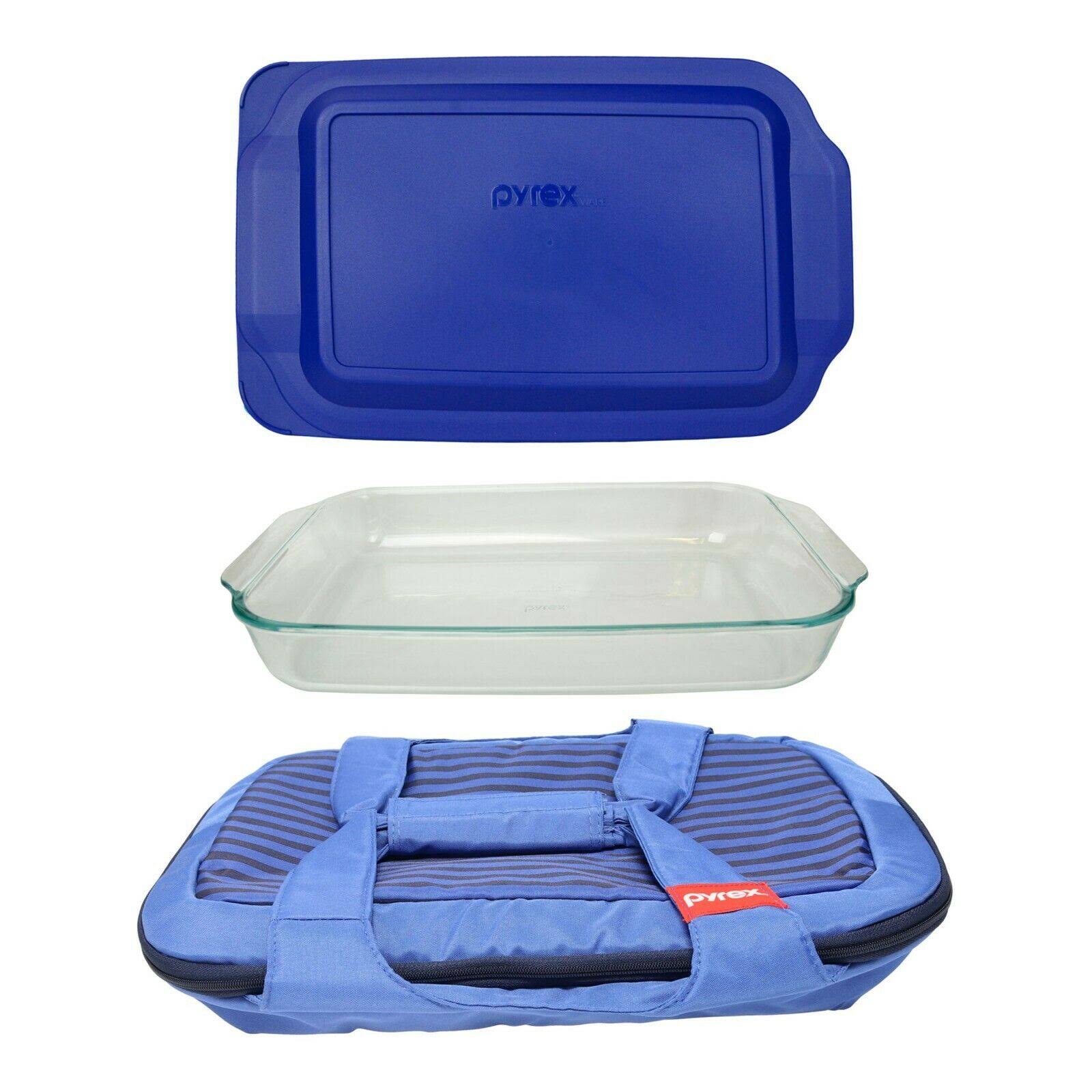 Pyrex Portables Blue Carry Tote w/ (1) 233 3qt Glass Baking Dish u0026 233-pc Lid