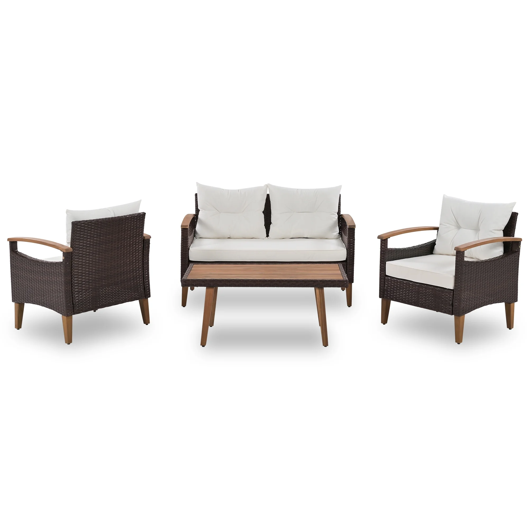 Churanty Patio Conversation Set, 4-Piece Outdoor Garden Furniture Set, Patio Seating Set, PE Rattan Outdoor Sofa Set, Wood Table and Legs