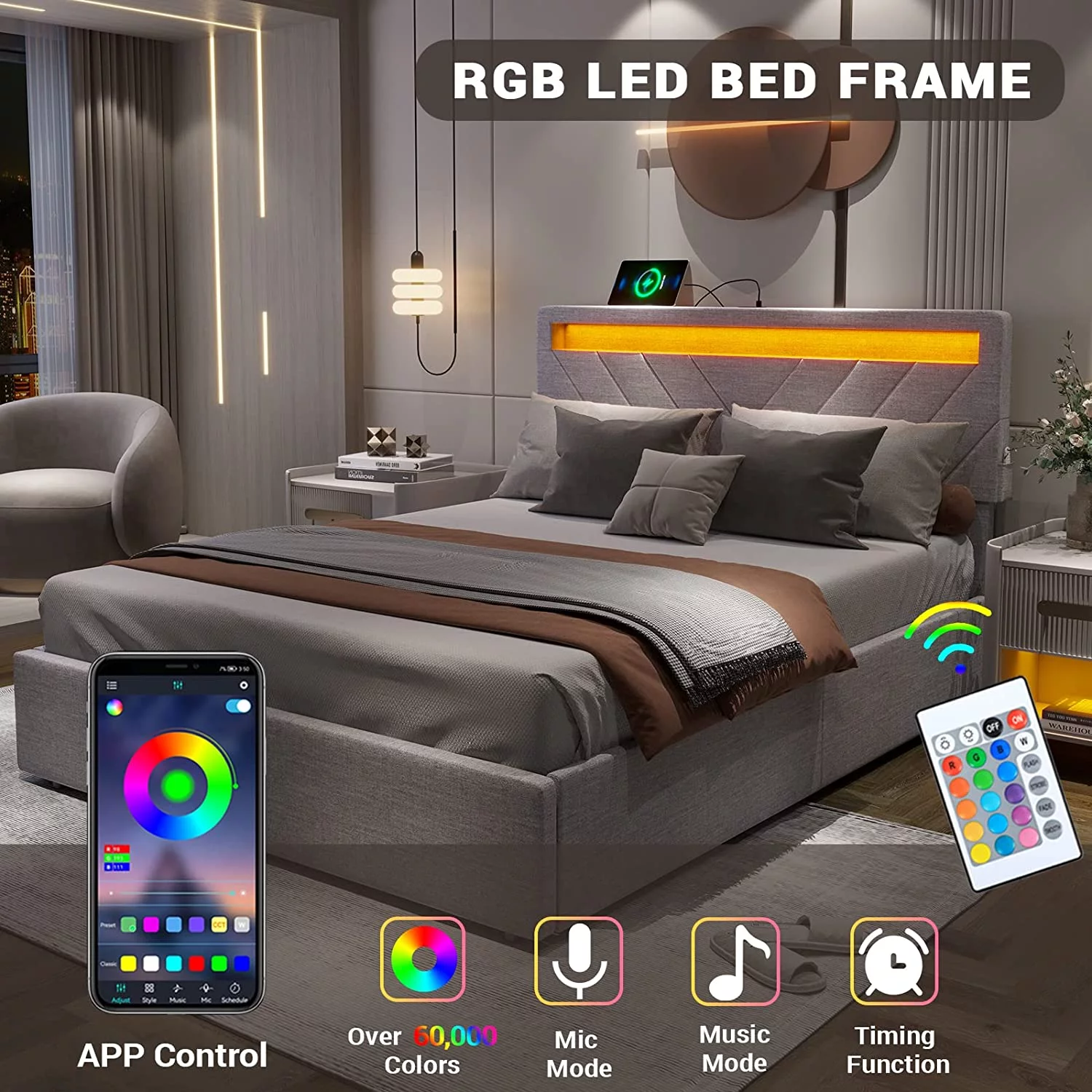 Queen Size Bed Frame with 4 Drawers, Upholstered Platform Bed with LED Lights Headboard and USB Charging Station, No Box Spring Needed, Dark Grey