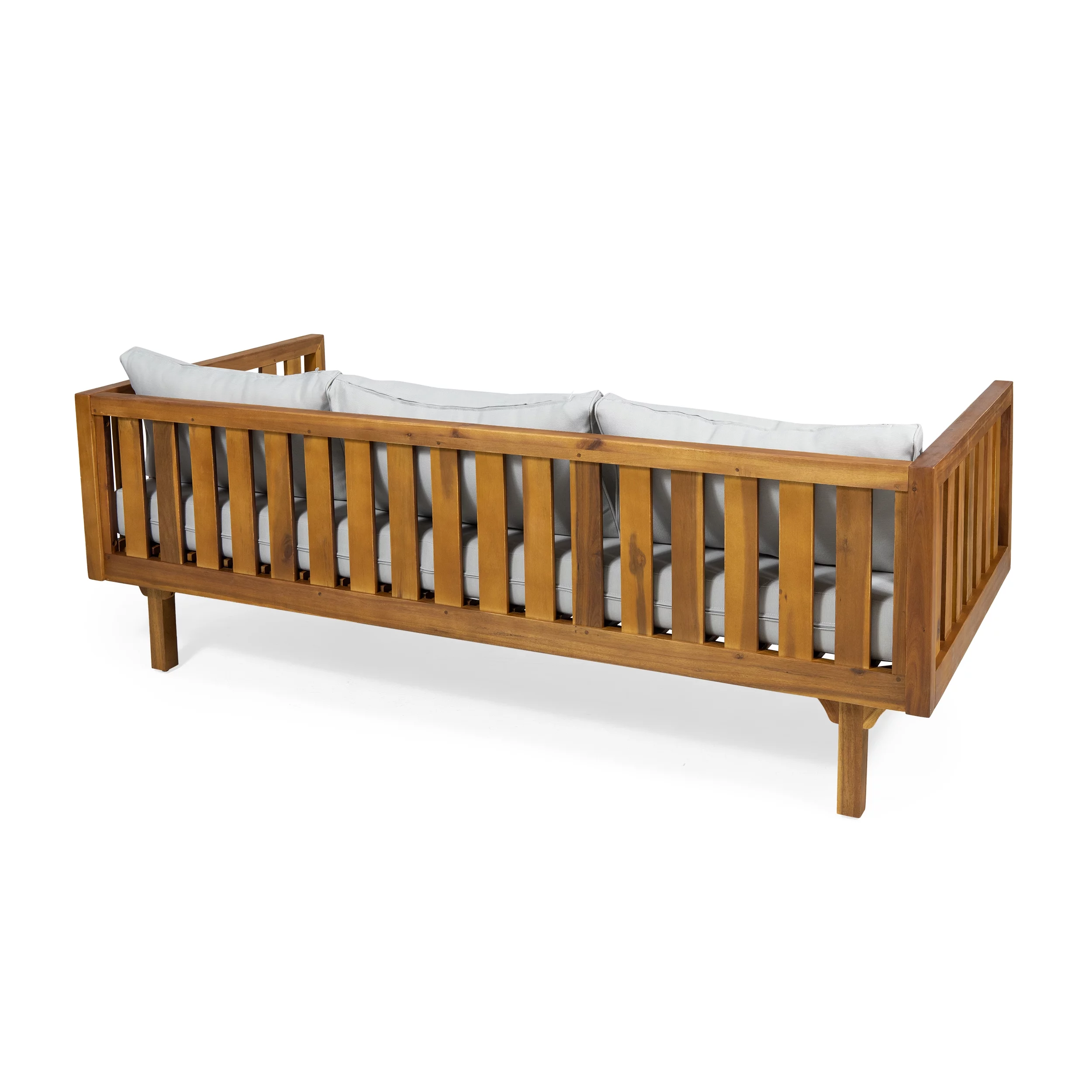 Noble House Lainey Outdoor 3-Seater Acacia Wood Daybed, Teak, Light Gray