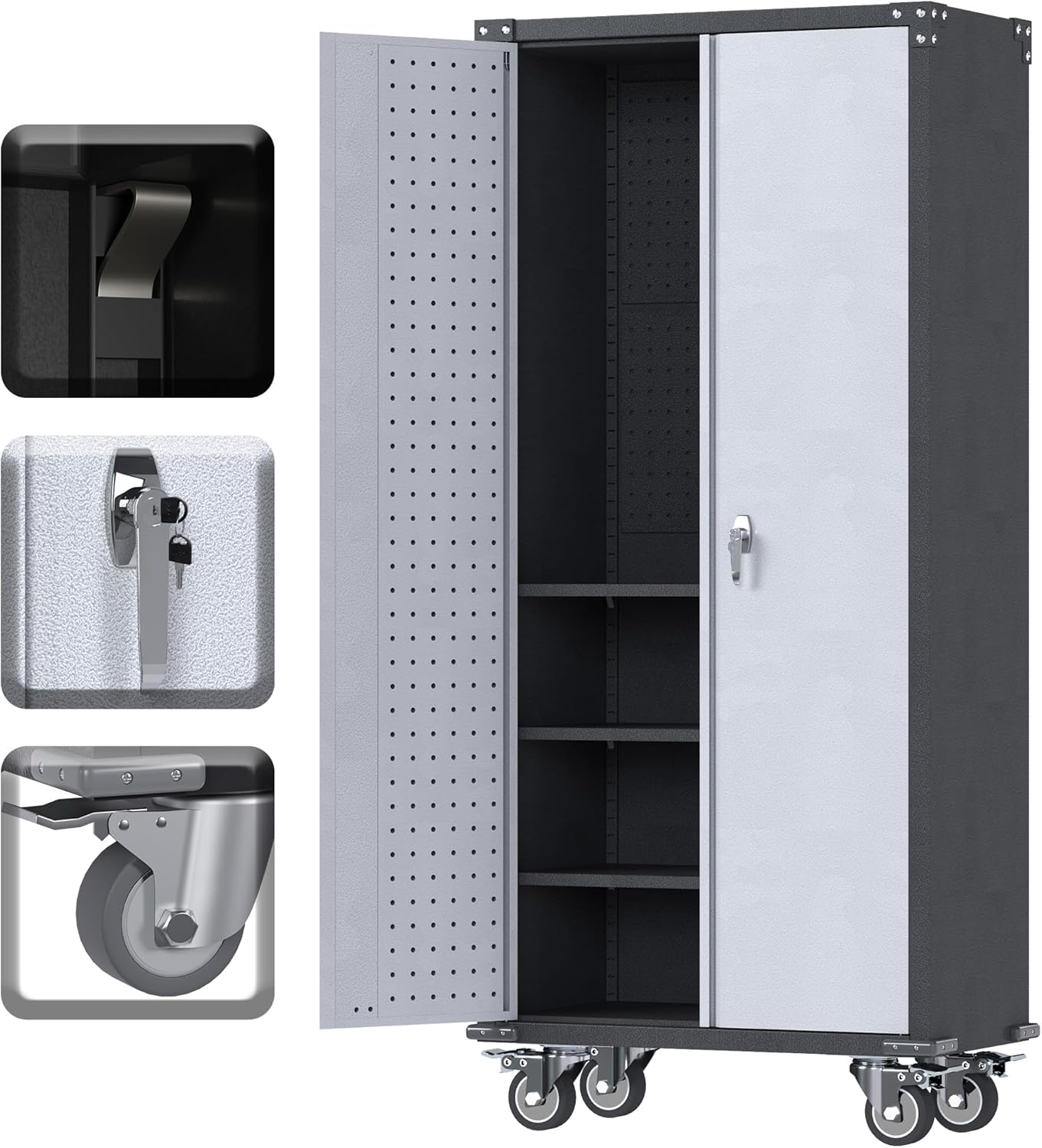 Metal Storage Cabinet with Pegboard and Wheels, Metal Utility Cabinets for Garage, Kitchen, Office Basement, Assembly Required