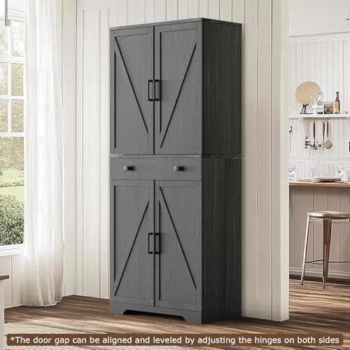 72" Tall Farmhouse Kitchen Pantry Cabinet, Large Storage Cabinet with 6 Adjustable Shelves, 4 Barn Doors & Drawer for Bathroom, Dining Room, Brown