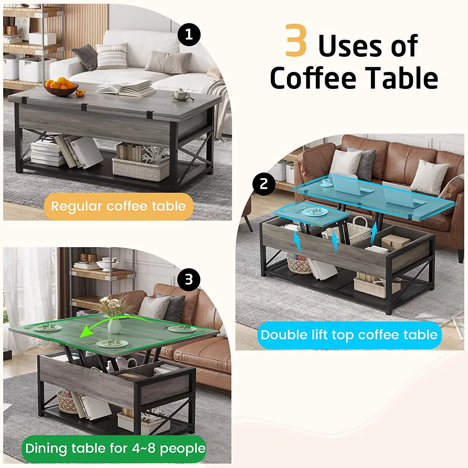 43" Lift Top Coffee Table 3 in 1 Multi-Function Grey Coffee Table with Storage for Living Room Dining Reception Room - Curated Treasures Market