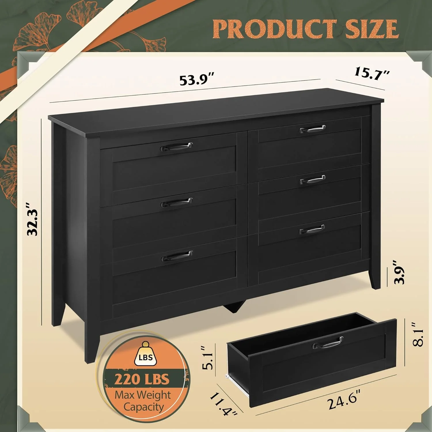 WLIVE Black Dresser with 6 Drawers, Wood Storage Chest of 6 Drawers, Wide Black Dresser for Bedroom, Wood Dresser for Living Room